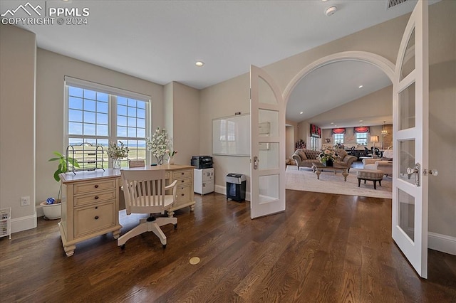 office featuring plenty of natural light, vaulted ceiling, and dark wood-type flooring