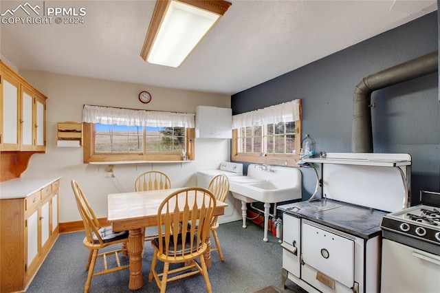 dining space with sink, dark colored carpet, washer / dryer, and a wood stove