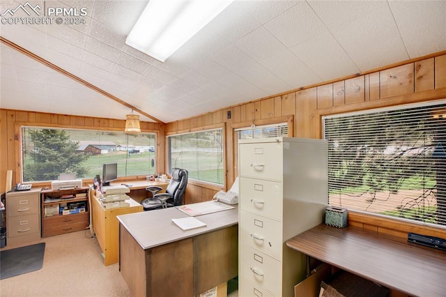 carpeted office space with wooden walls and lofted ceiling