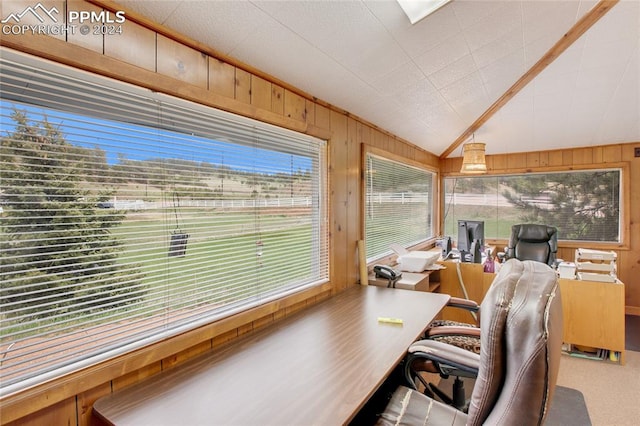 office space featuring a wealth of natural light, wood walls, and lofted ceiling