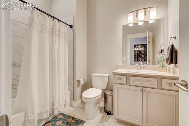 full bathroom with toilet, vanity, and shower / tub combo with curtain