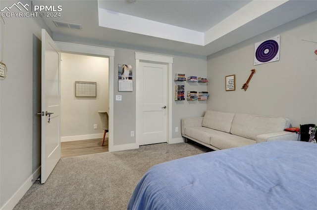 carpeted bedroom featuring a tray ceiling