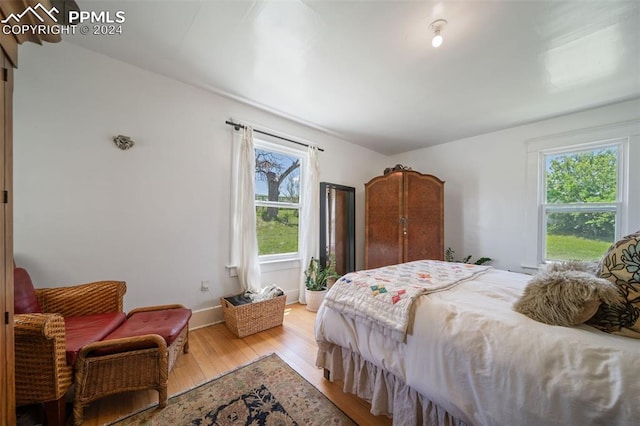 bedroom with light hardwood / wood-style floors and multiple windows