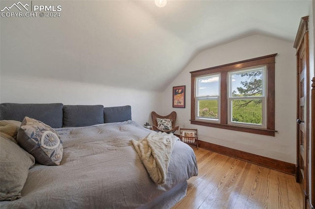 bedroom featuring vaulted ceiling and light hardwood / wood-style flooring