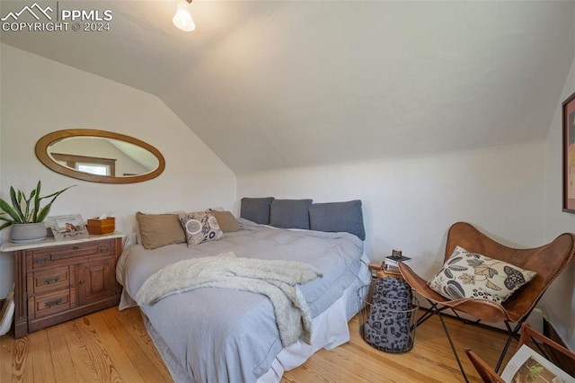 bedroom with light hardwood / wood-style floors and lofted ceiling