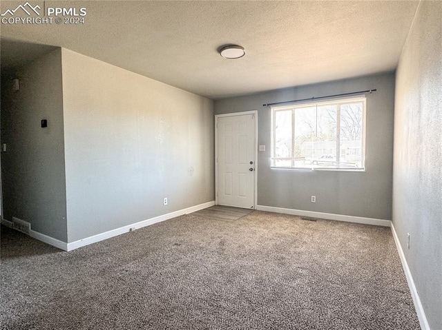 empty room with carpet floors and a textured ceiling