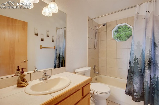 full bathroom featuring shower / bathtub combination with curtain, vanity, tile patterned flooring, and toilet