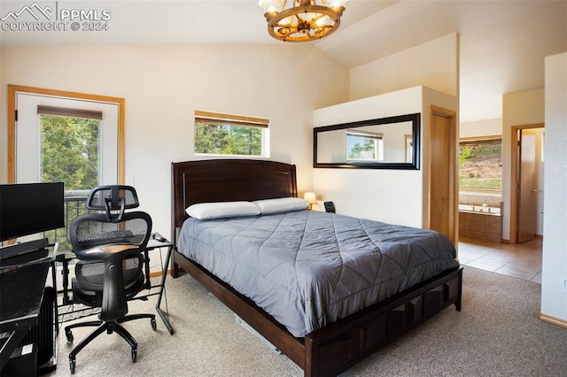 bedroom with multiple windows, light colored carpet, lofted ceiling, and an inviting chandelier