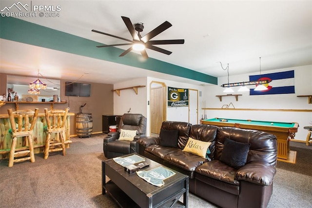 living room featuring ceiling fan, billiards, bar area, and carpet flooring