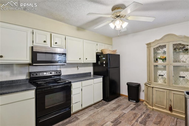 kitchen featuring white cabinetry, backsplash, ceiling fan, black appliances, and a textured ceiling