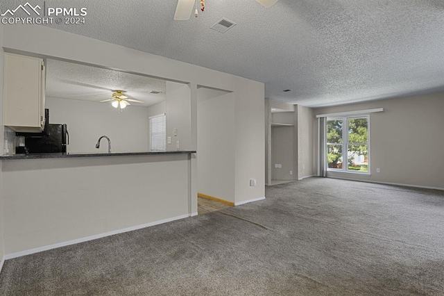 unfurnished living room featuring light carpet, sink, a textured ceiling, and ceiling fan