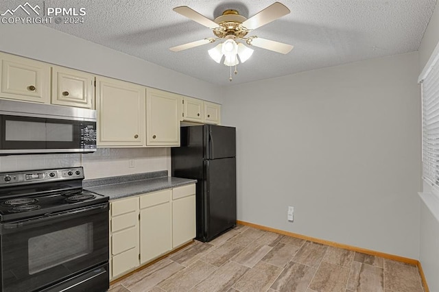 kitchen featuring cream cabinets, a textured ceiling, ceiling fan, and black appliances