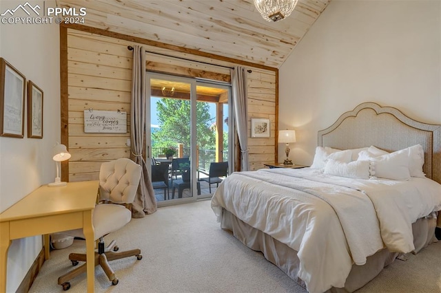 bedroom with carpet flooring, wood ceiling, access to exterior, and lofted ceiling