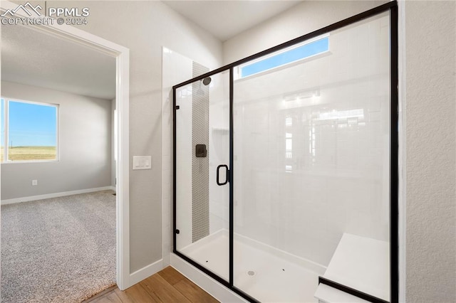 bathroom with hardwood / wood-style floors and walk in shower