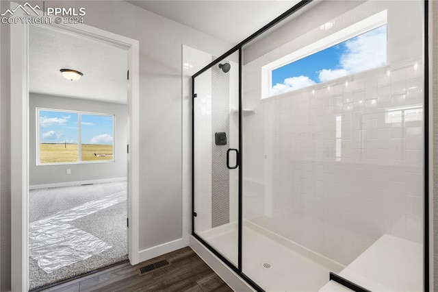 bathroom with a shower with shower door, hardwood / wood-style flooring, and plenty of natural light