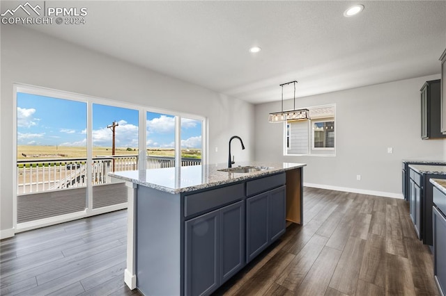 kitchen with sink, dark hardwood / wood-style flooring, and a center island with sink