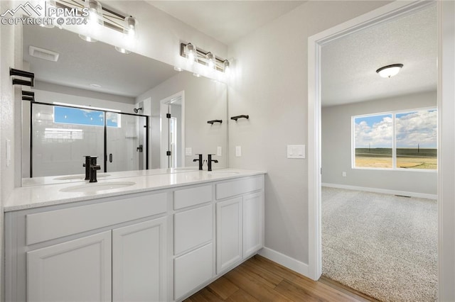 bathroom featuring a textured ceiling, wood-type flooring, and dual bowl vanity