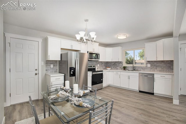 kitchen featuring light hardwood / wood-style floors, stainless steel appliances, backsplash, hanging light fixtures, and white cabinetry