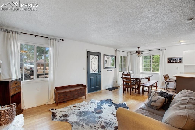 living room with light hardwood / wood-style floors, a textured ceiling, and ceiling fan