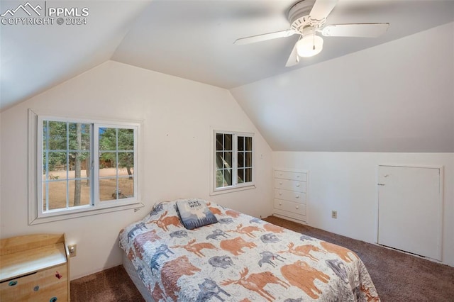 carpeted bedroom featuring lofted ceiling and ceiling fan