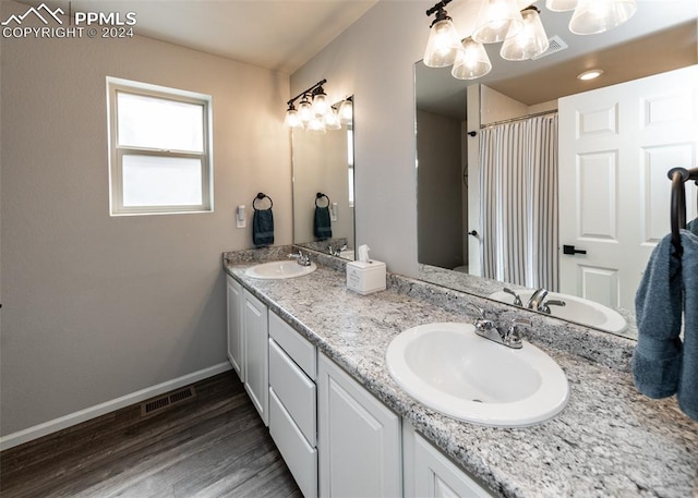 bathroom with a shower with shower curtain, vanity, and wood-type flooring