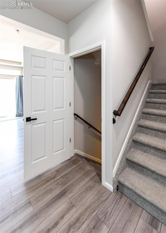 stairway with hardwood / wood-style flooring