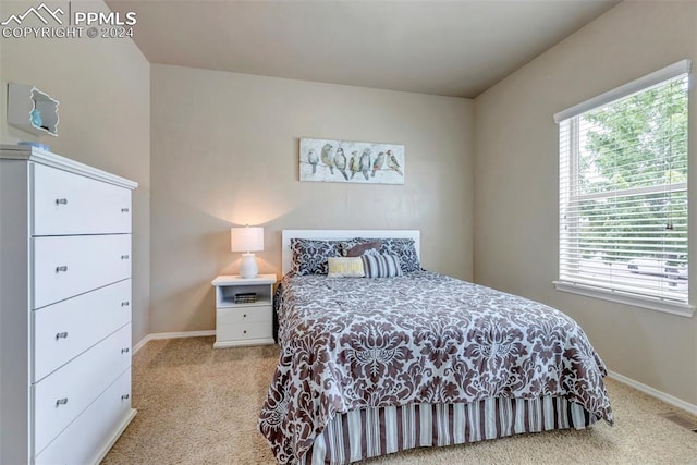 bedroom with light carpet