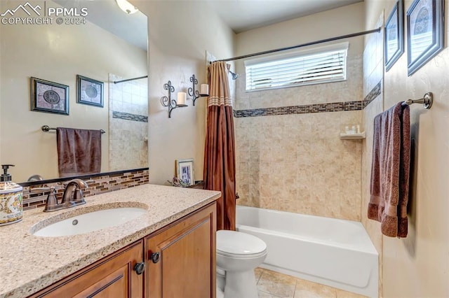 full bathroom featuring decorative backsplash, tile patterned floors, vanity, shower / tub combo with curtain, and toilet