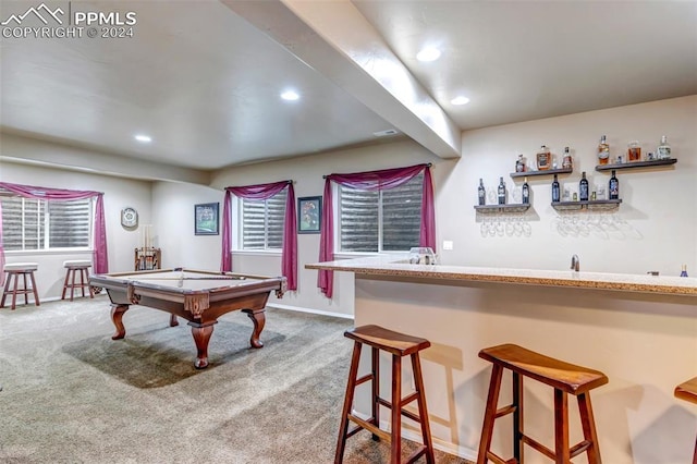 recreation room featuring bar area, carpet flooring, and billiards