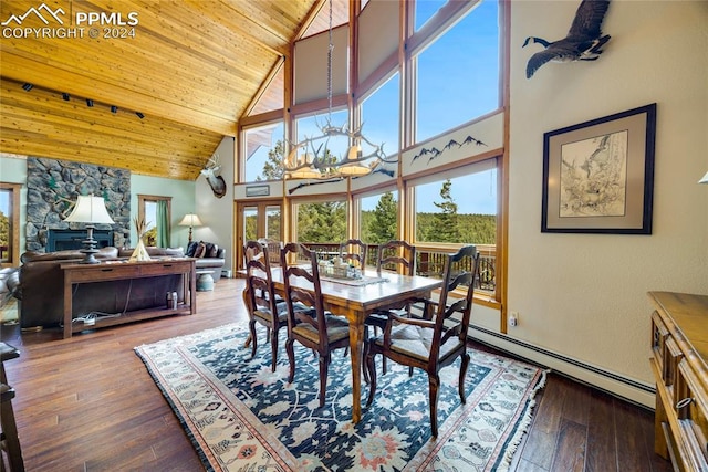 dining area with a chandelier, wood-type flooring, baseboard heating, high vaulted ceiling, and wooden ceiling