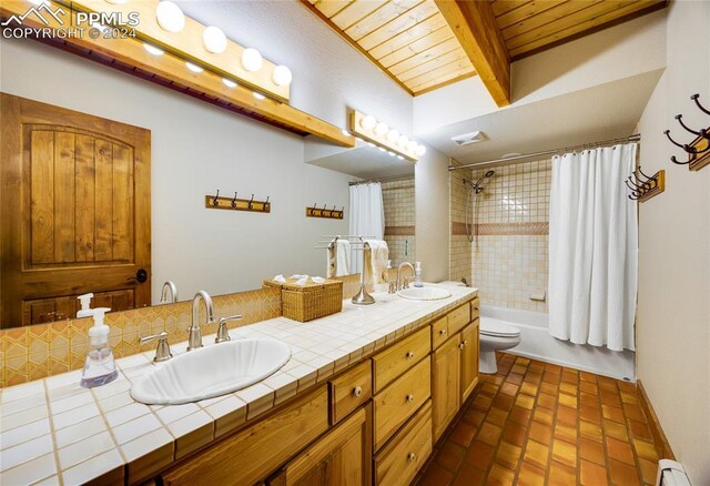 full bathroom featuring dual sinks, beamed ceiling, wood ceiling, shower / bath combo, and large vanity