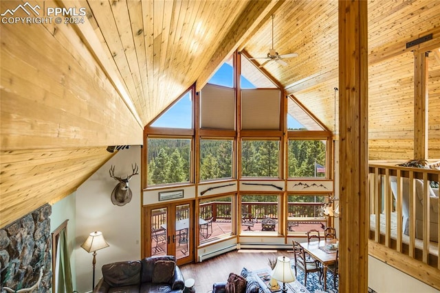 living room featuring wooden ceiling, hardwood / wood-style flooring, high vaulted ceiling, and wood walls