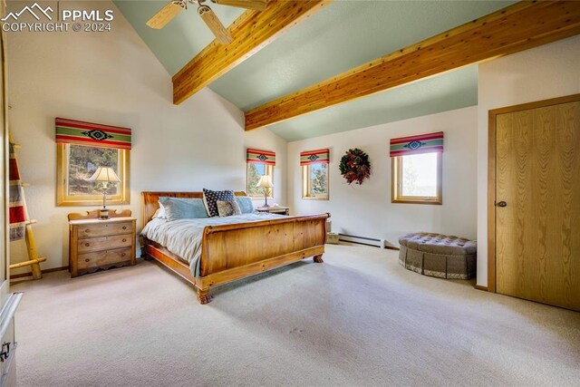 carpeted bedroom featuring a baseboard radiator, vaulted ceiling with beams, and ceiling fan