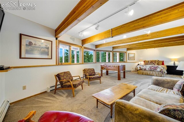 carpeted living room with track lighting, beam ceiling, and baseboard heating