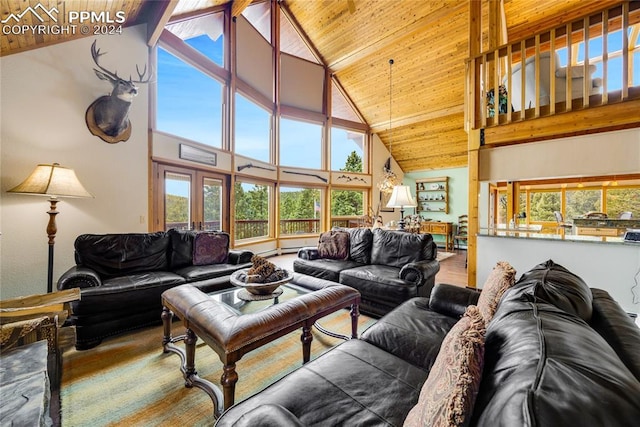 living room featuring high vaulted ceiling, wooden ceiling, and dark hardwood / wood-style flooring