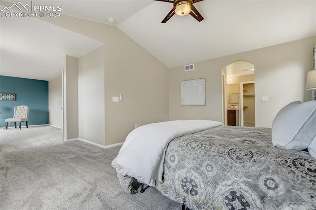 bedroom featuring lofted ceiling, carpet flooring, and ceiling fan