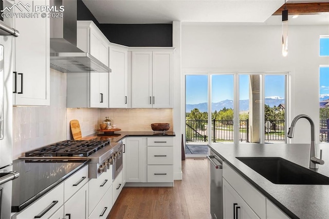 kitchen with a mountain view, white cabinets, sink, wall chimney exhaust hood, and appliances with stainless steel finishes