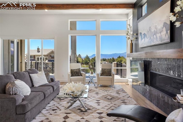 living room with a mountain view, light hardwood / wood-style flooring, plenty of natural light, and beamed ceiling