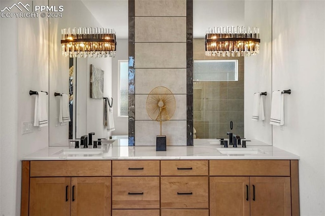 bathroom with vanity and a shower with shower door