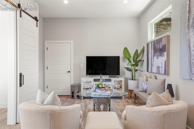 living room featuring a barn door and light hardwood / wood-style floors