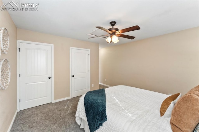 bedroom featuring ceiling fan and carpet floors