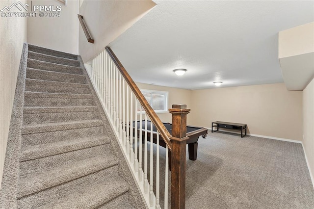 stairs featuring carpet flooring