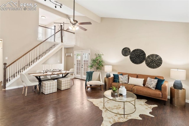 living room with dark hardwood / wood-style floors, ceiling fan, high vaulted ceiling, beamed ceiling, and french doors