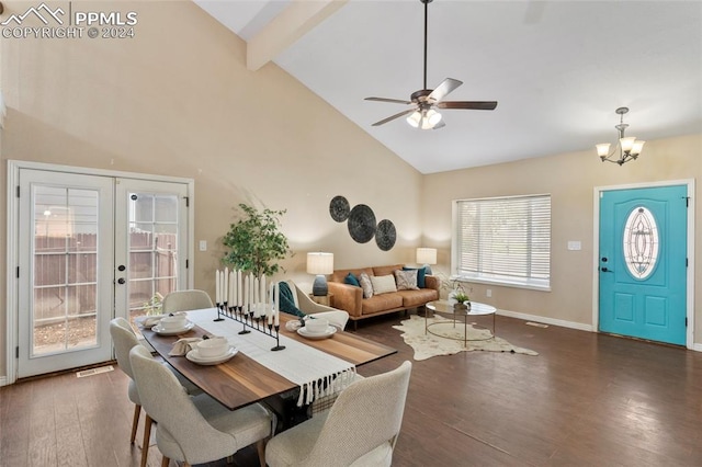 dining room featuring high vaulted ceiling, dark wood-type flooring, beam ceiling, and ceiling fan with notable chandelier