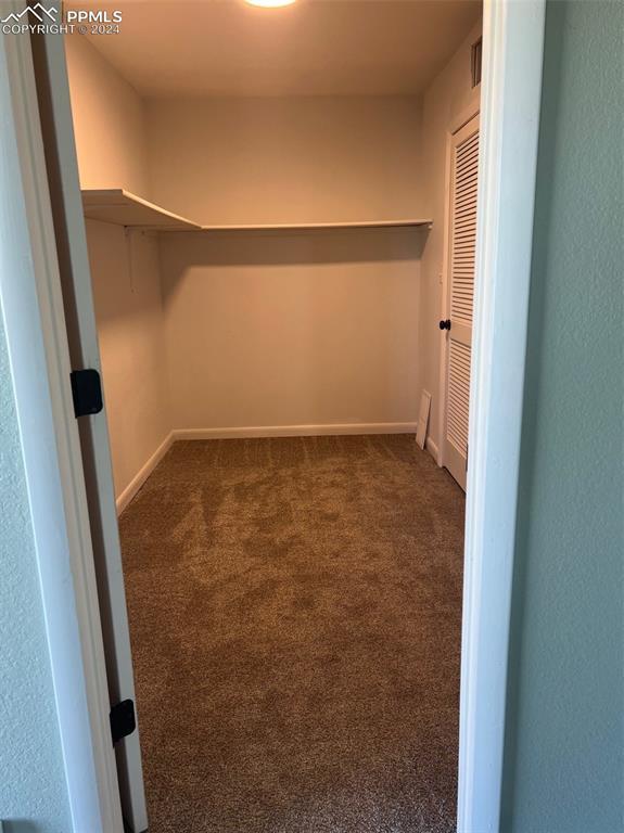 spacious closet featuring dark colored carpet