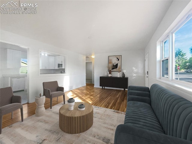 living room with a wealth of natural light and hardwood / wood-style floors