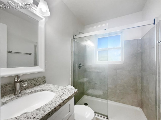 bathroom featuring vanity, an enclosed shower, and toilet