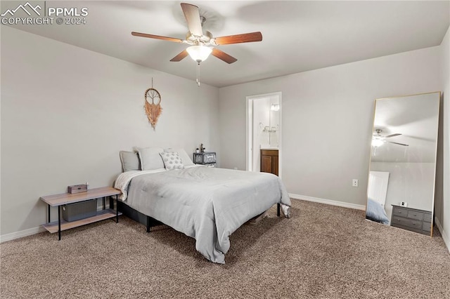 bedroom featuring carpet, connected bathroom, and ceiling fan