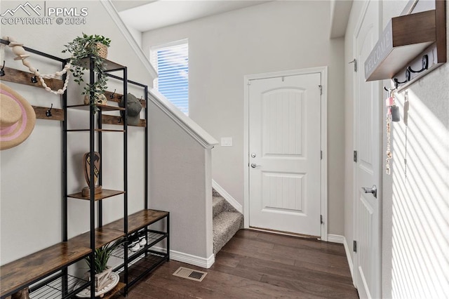 staircase with hardwood / wood-style floors