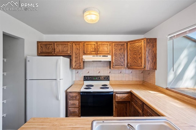 kitchen featuring backsplash, sink, and white appliances